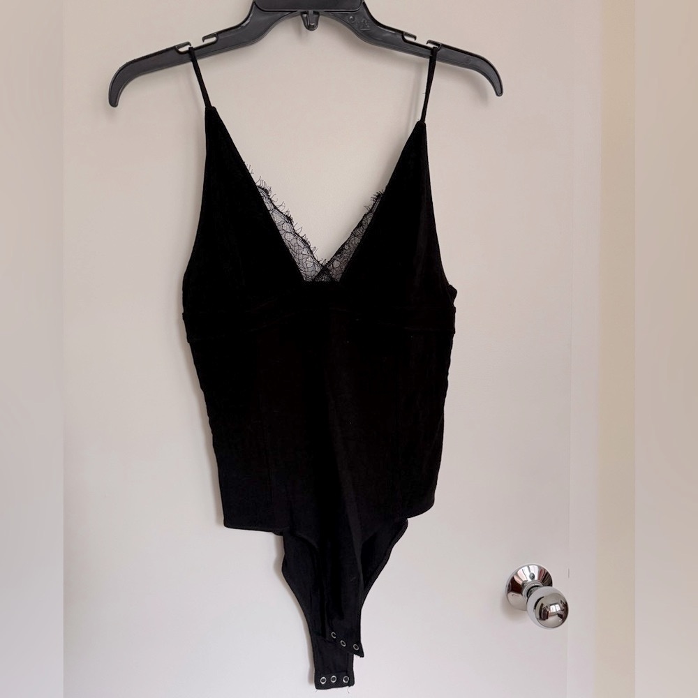Free People Black Lace Trim Bodysuit